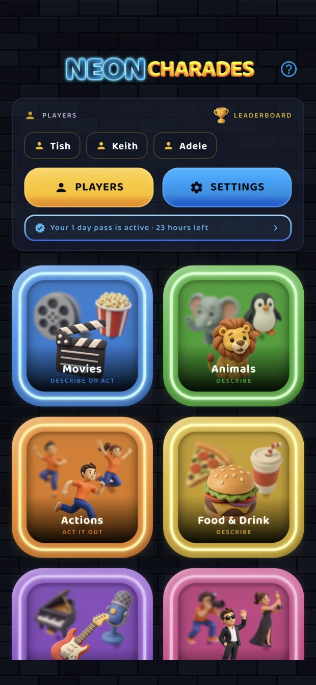 The Neon Charades home screen showing six decks and the player list