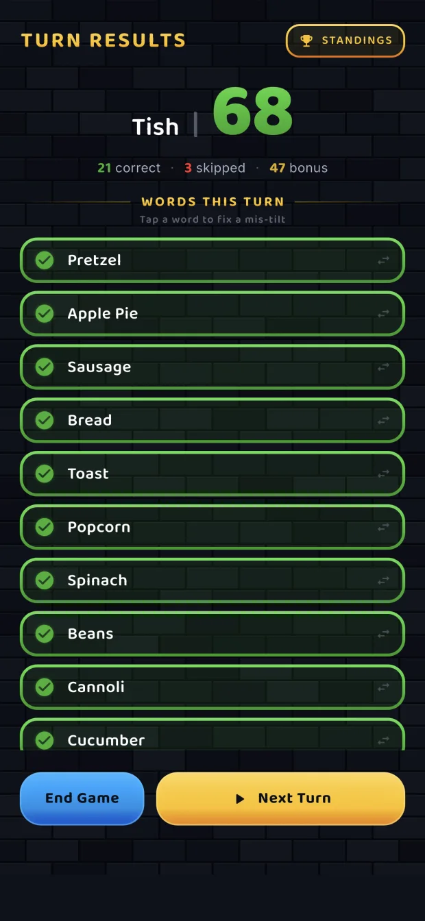 Turn results listing every word guessed correctly