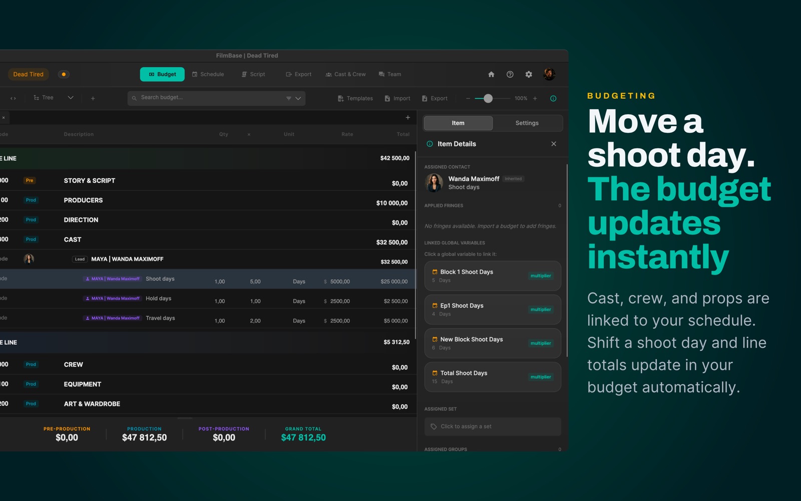 A FilmBase budget with the shoot days that drive it